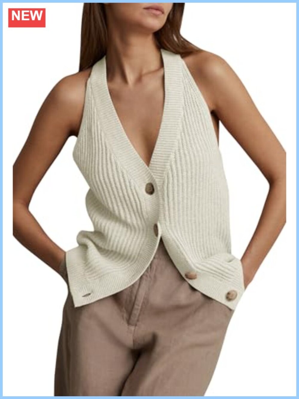 Button Front Sweater Vest V Neck Sleeveless Knit Tank Top